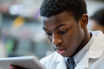 Student Engaged in Research with a Tablet