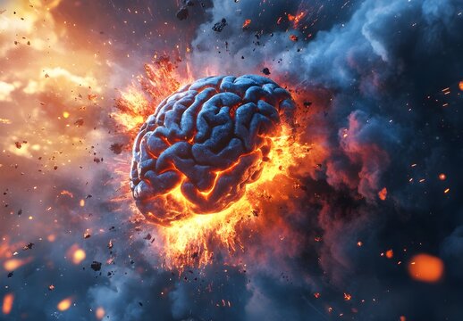 An exploding fireball of burning brain matter, dark background, hyperrealistic 