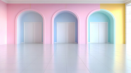 Pastel building interior, three elevators, bright floor, modern design, architectural visualization