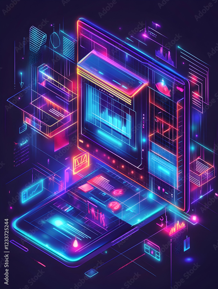 Poster futuristic digital interface with vibrant data visualizations and neon lights