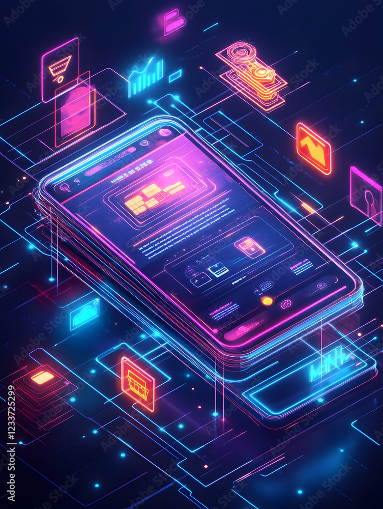 Poster futuristic digital interface with vibrant data visualizations and neon lights