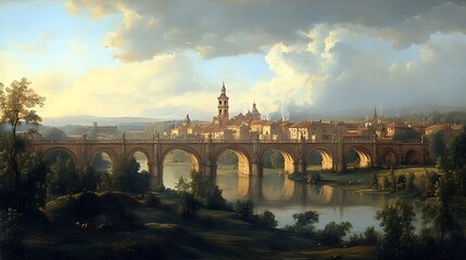 River bridge, town, sunset, landscape, painting, historical, travel, tourism, artwork, Europe