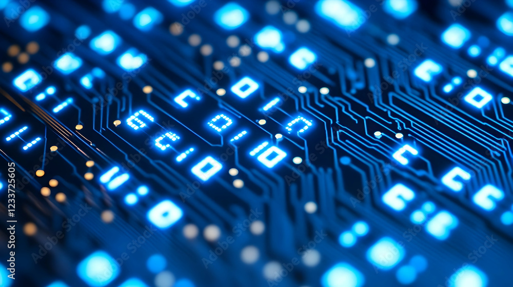 Poster digital binary and circuit imagery in a blue theme with volumetric lighting and a tech motif.