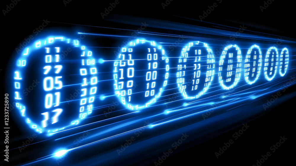 Poster digital binary and circuit imagery in a blue theme with volumetric lighting and a tech motif.