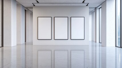 Fototapeta premium Minimalist gallery interior with three empty frames on the wall.