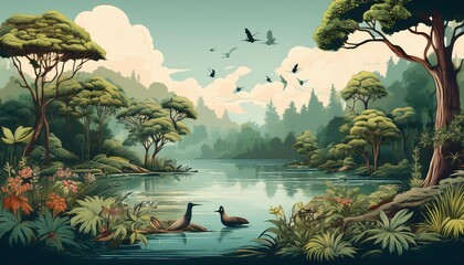 Enchanting Vintage Forest Landscape with Serene Lake, Abundant Flora and Fauna, and an Inviting Atmosphere from a Bygone Era Perfect for Art, Home Decor, or Design Inspiration