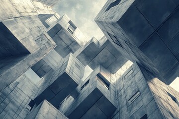 Concrete city, low angle, complex design, cloudy sky, urban architecture