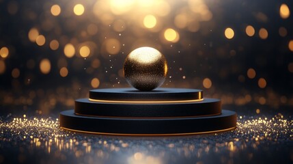 Double-layered circular podium with a matte black finish, featuring a golden sphere on the upper level, glittering light reflections, and a blurred atmospheric background
