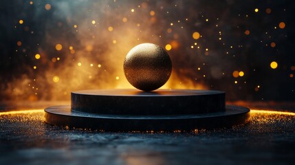 Double-layered circular podium with a matte black finish, featuring a golden sphere on the upper level, glittering light reflections, and a blurred atmospheric background