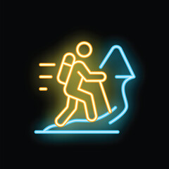 Neon sign of a traveler walking upwards on a mountain using a stick