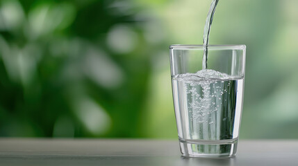 Fresh water being poured into clear glass, creating bubbles, with blurred green background