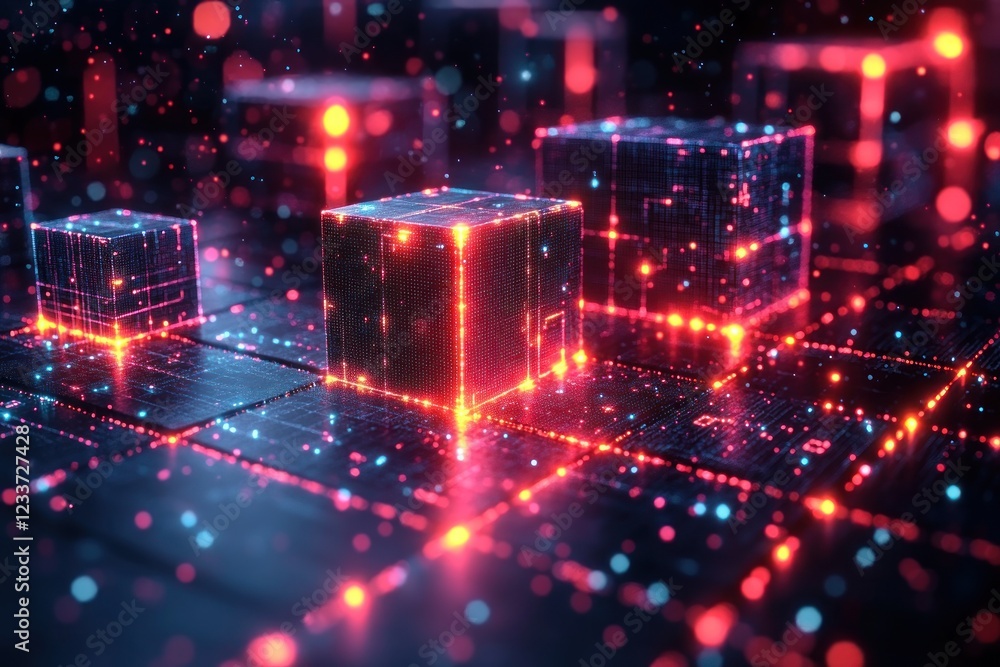 Poster abstract digital cubes illuminated by glowing particles in a dark space