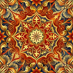 Ornate. symmetrical floral pattern in warm colors.
