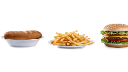 Fast food items like burgers, fries, and drinks isolated on a clean PNG background, featuring popular and delicious quick meal options, ideal for restaurant menus, food delivery services, and fast foo