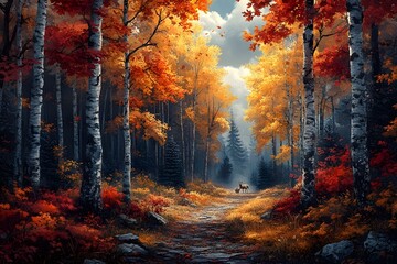 Enchanting Autumn Forest Path with Vibrant Fall Foliage and Warm Sunlight