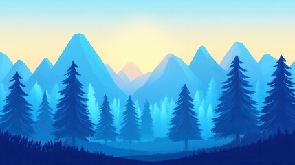 Fototapeta premium Tranquil Blue Mountain Landscape with Pine Trees at Sunrise