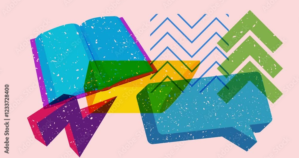Poster risograph book and speech bubble with geometric shapes animation. moving object in trendy riso graph