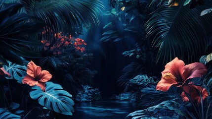 Lush Tropical Rainforest Scene, Dark Water, Calm Setting, Background for Design
