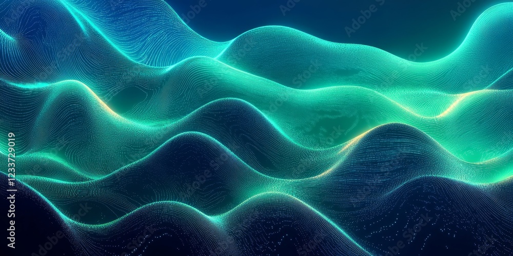 Poster abstract teal and blue glowing waves undulating in a seamless pattern. the image evokes a sense of c