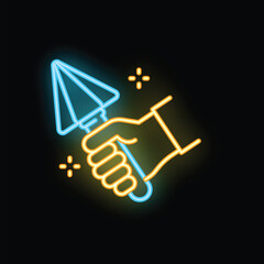 Neon sign of a construction worker hand holding a trowel on a black background