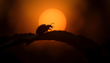 Silhouette of a ladybug on a leaf against a sunset with dramatic backlighting