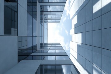 Obraz premium Modern glass building atrium, sky view, urban architecture, design