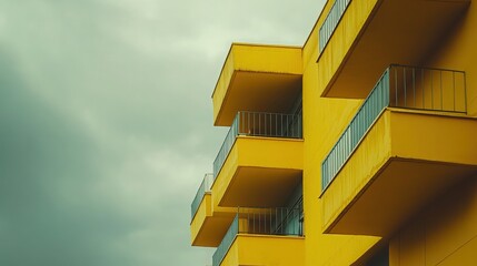 Fototapeta premium An artistic display of yellow balconies against a cloudy gray sky, emphasizing minimalist design and striking contrasts in an urban setting