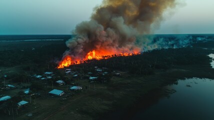 Wildfire consumes forest, smoke billows over landscape and water.