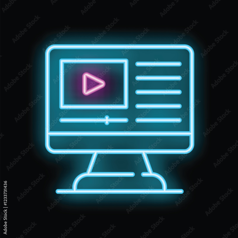 Poster neon icon of video editing software interface with timeline, playback buttons and sliders on compute