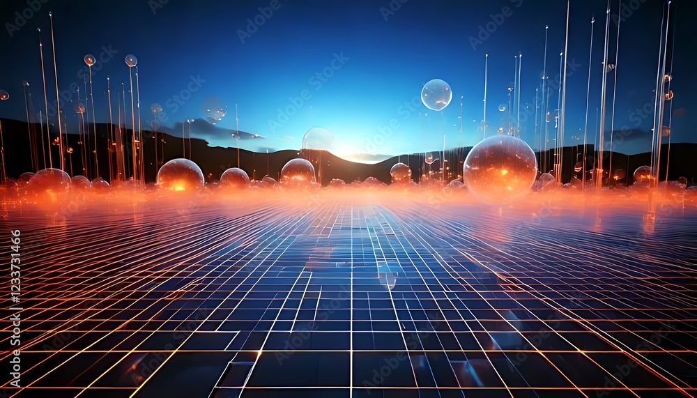 Poster translucent, glowing orbs float above a reflective grid, with thin lines, creating a digital, futuri