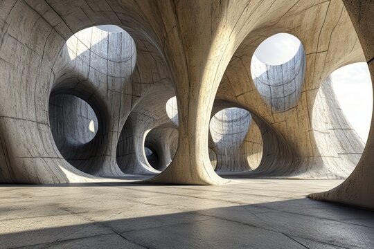 Abstract concrete interior, skylights, sunlight, architectural design, rendering, futuristic, space, background
