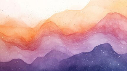Fototapeta premium abstract watercolor background with a mountain range painted in shades of pink, orange, yellow, and purple, with hints of glittery sparkle. 