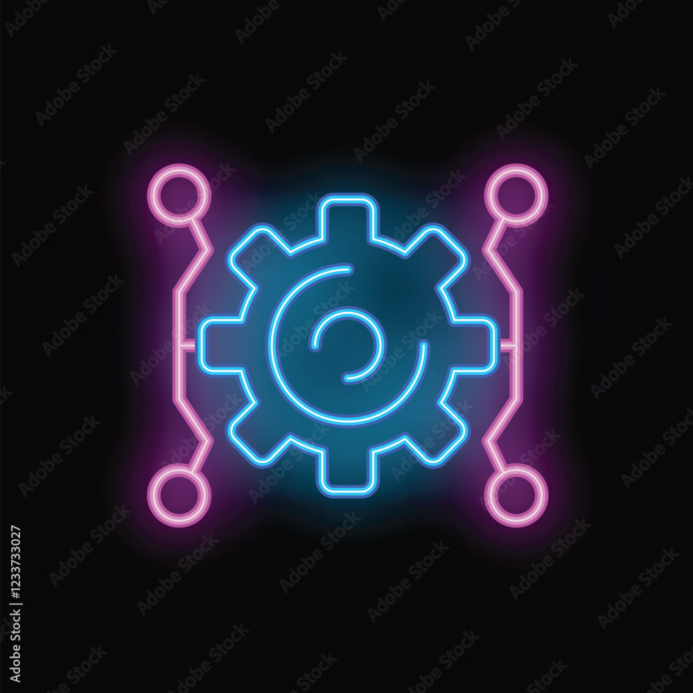 Poster neon glowing icon of a gear connecting to circuit board nodes representing software development and 