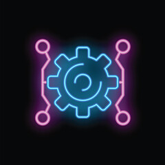 Obraz premium Neon glowing icon of a gear connecting to circuit board nodes representing software development and automation