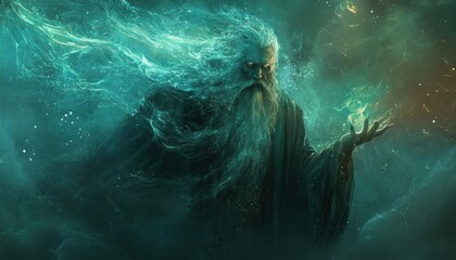 Ancient Sorcerer Conjuring Teal Aetheric Energy