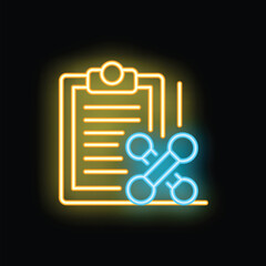 Neon fitness plan icon glowing with clipboard and dumbbells representing workout routine