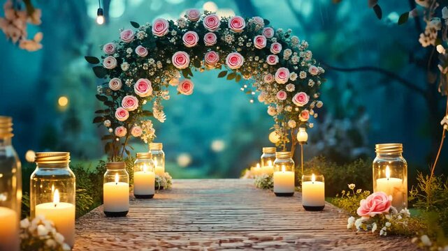 Enchanted Floral Archway: A whimsical scene of an archway adorned with delicate pink roses, bathed in the warm glow of candlelight, leads to a mysterious path through a fairytale forest. 