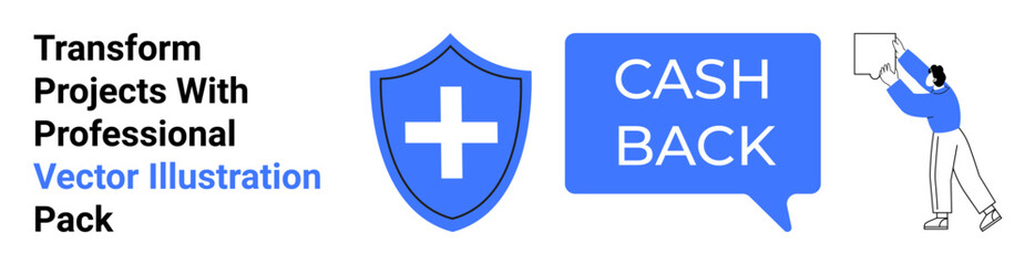 Blue shield with a cross, Cash Back speech bubble, and person holding a banner. Ideal for marketing, finance, retail, promotions, rewards, savings campaigns flat landing page banner