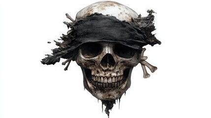 Ghostly Pirate Emblem: A weathered, cracked skull with tattered black bandana and crossbones, isolated on a white background, evoking the mystique of legendary pirates and high-seas adventure