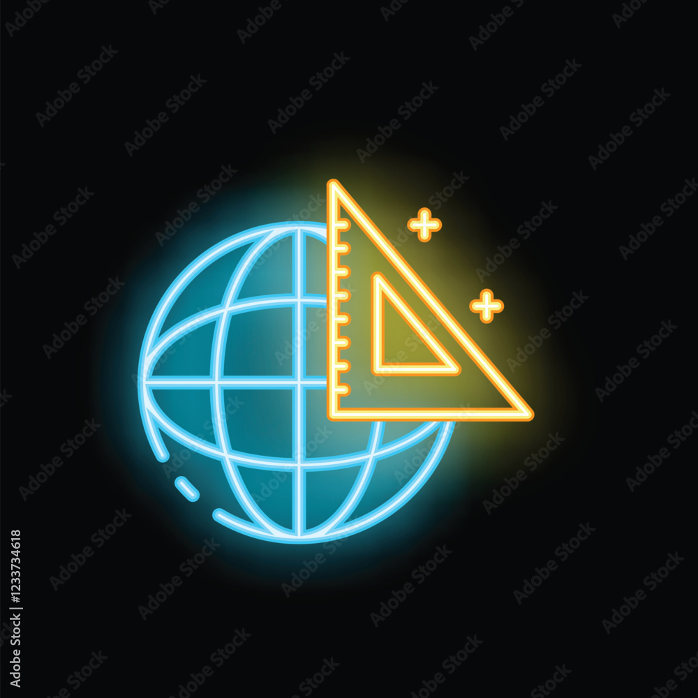 Aufkleber glowing neon icon of a set square overlapping planet earth, symbolizing global engineering and const