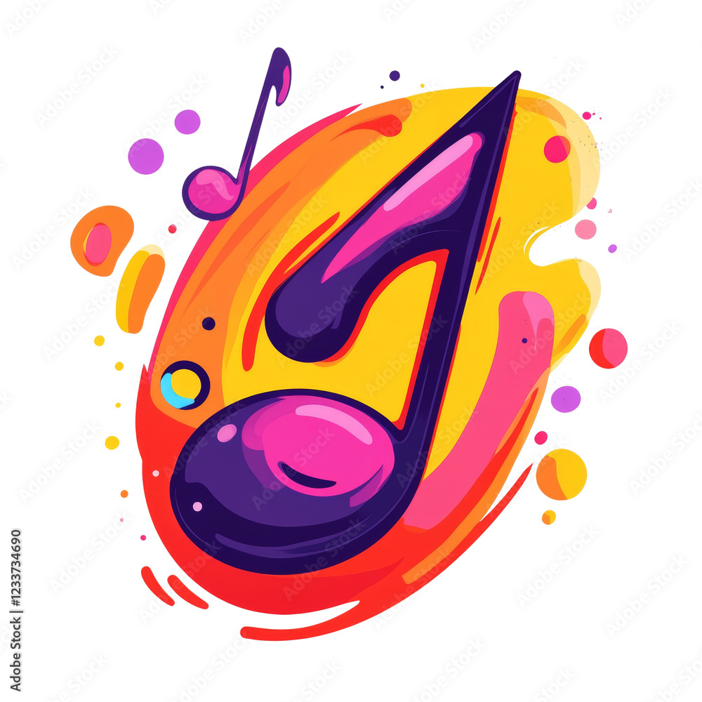 Poster a stylized musical note is depicted in vibrant colors against a dynamic abstract background of fluid