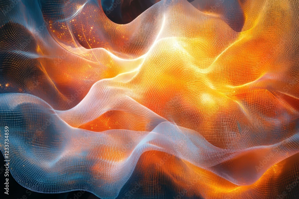Poster abstract translucent glowing grids forming chaotic polygonal textures, generative ai