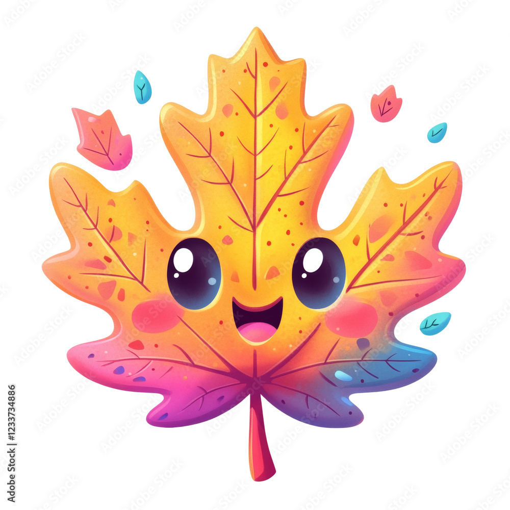 Poster a cheerful cartoon illustration of a maple leaf with a smiling face and bright colors.