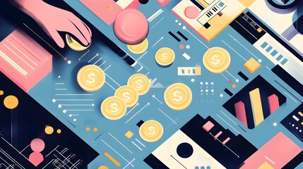 A flat illustration depicting an abstract representation of money and coins being placed on the floor, representing cash flow or financial elements in a business concept vector design. A hand 