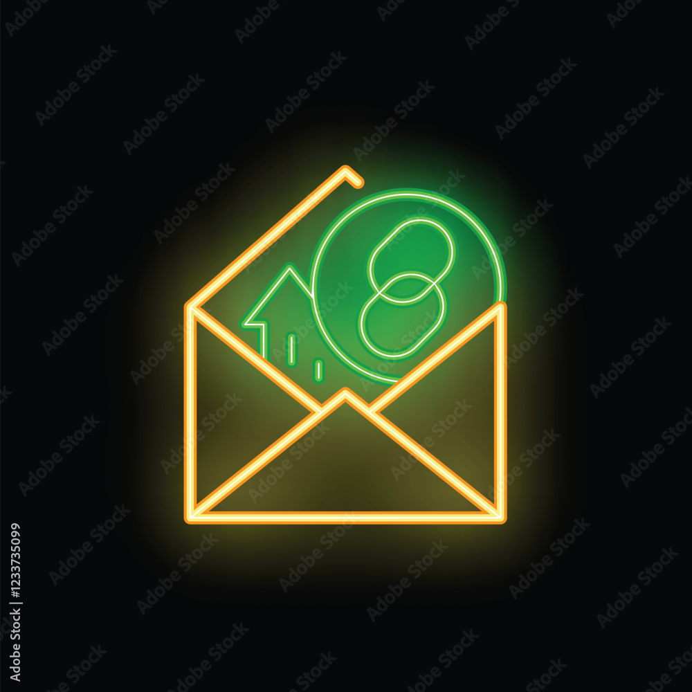 Aufkleber neon icon of an open envelope containing a hyperlink symbol and a house, representing the concept of