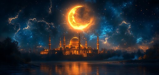 Fototapeta premium Enchanted palace beneath a luminous crescent moon