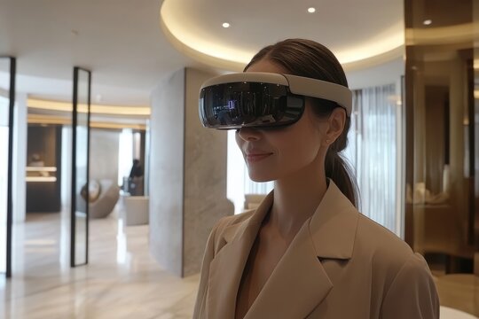 Young woman wearing advanced virtual reality headset in modern hotel lobby, exploring immersive digital experiences, technology and innovation in hospitality sector