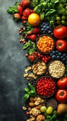 Fototapeta premium Colorful Assortment of Fresh Fruits and Vegetables on Dark Background