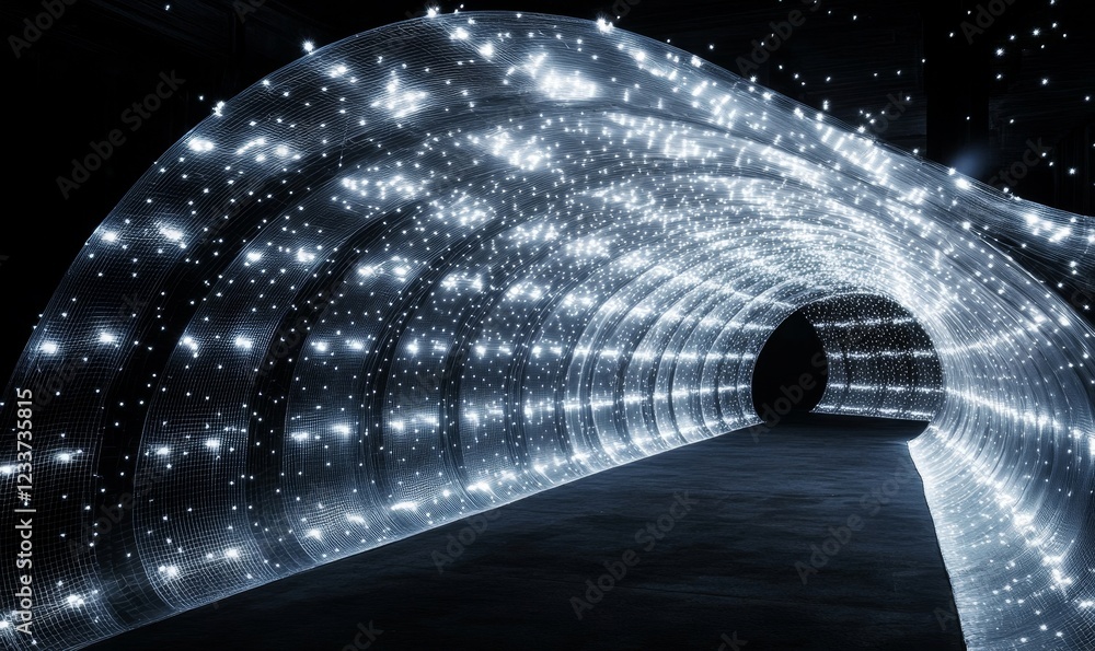 Poster abstract translucent glowing polygonal wave arcs forming grids, generative ai