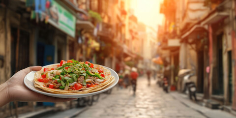 Obraz premium Delicious street food served on plate, featuring fresh vegetables and vibrant colors, in bustling urban setting